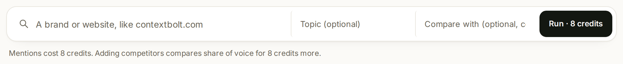 The AI brand lookup box: a brand or website, an optional topic and competitors, and a Run button showing 8 credits.