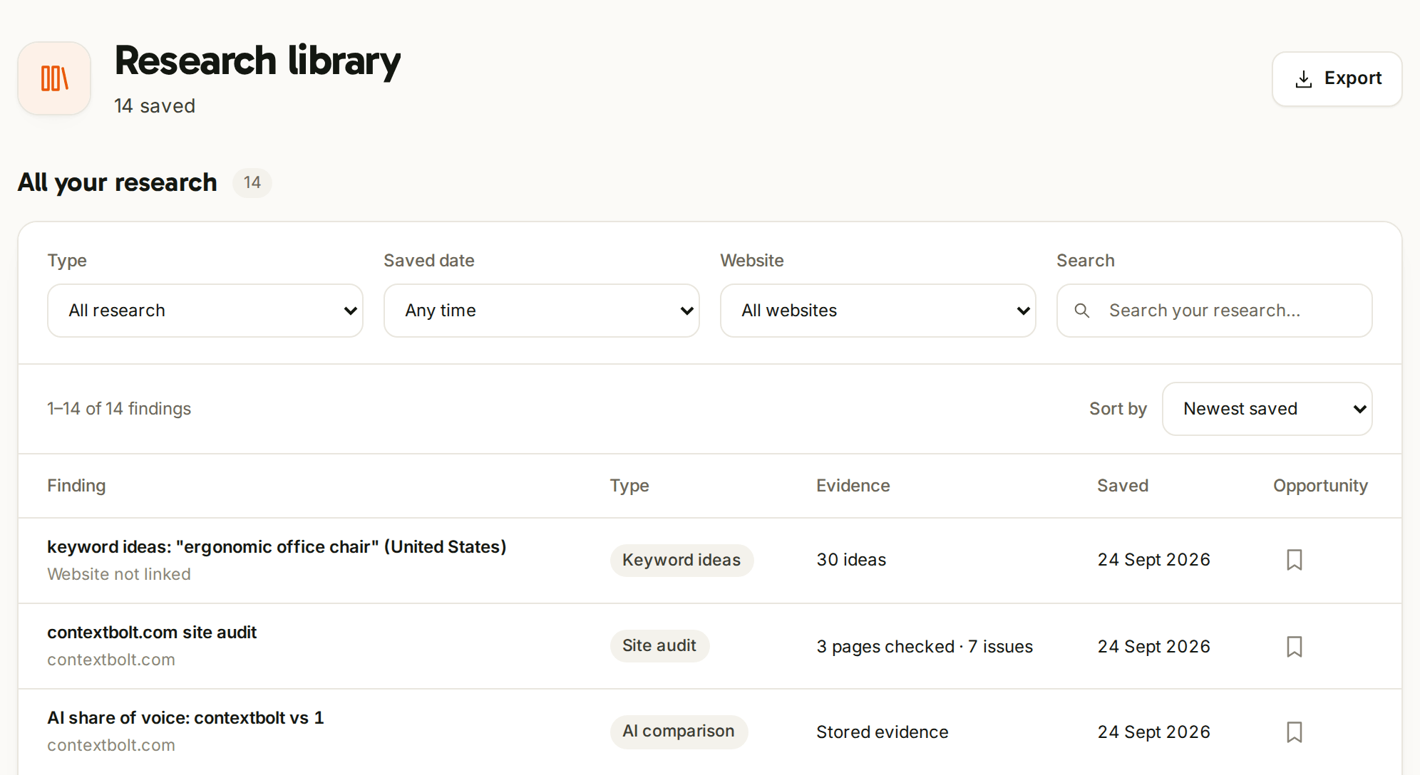 The research library: every saved lookup with its type, evidence and date, filterable by type, date and website.