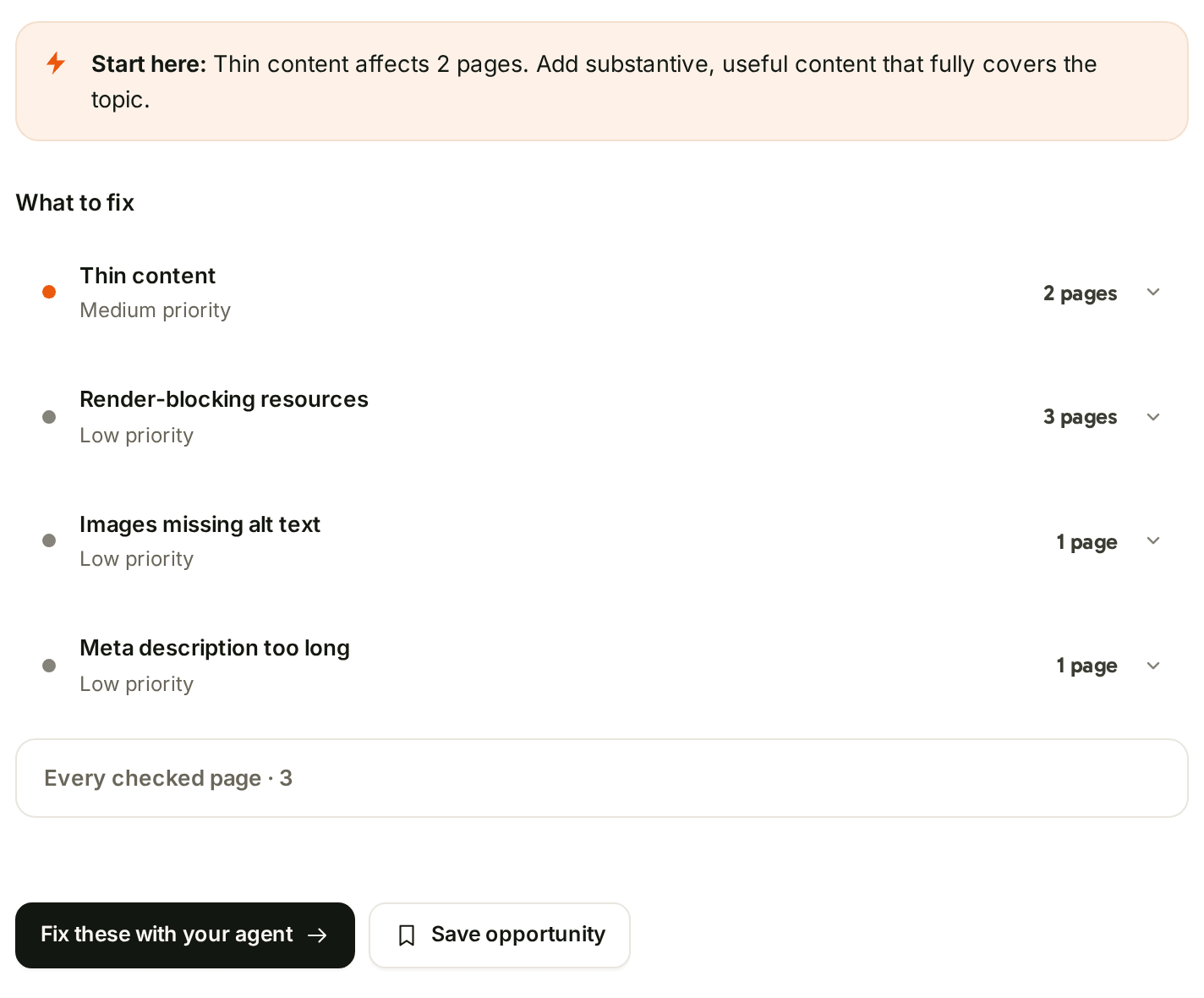 A site audit in the SEO Dashboard: a start-here line, then the issues to fix, each with its priority and page count.