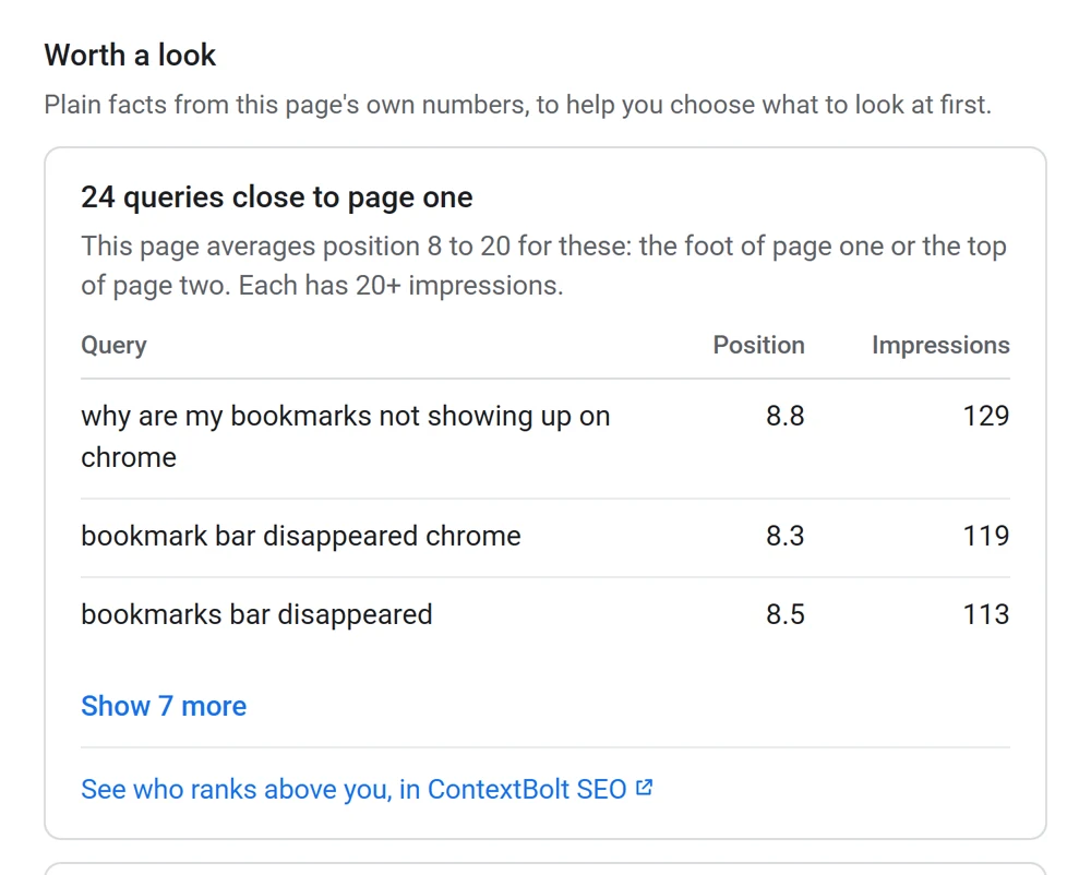 Worth a look in Page Insights: 24 queries close to page one, each with its average position and impressions.